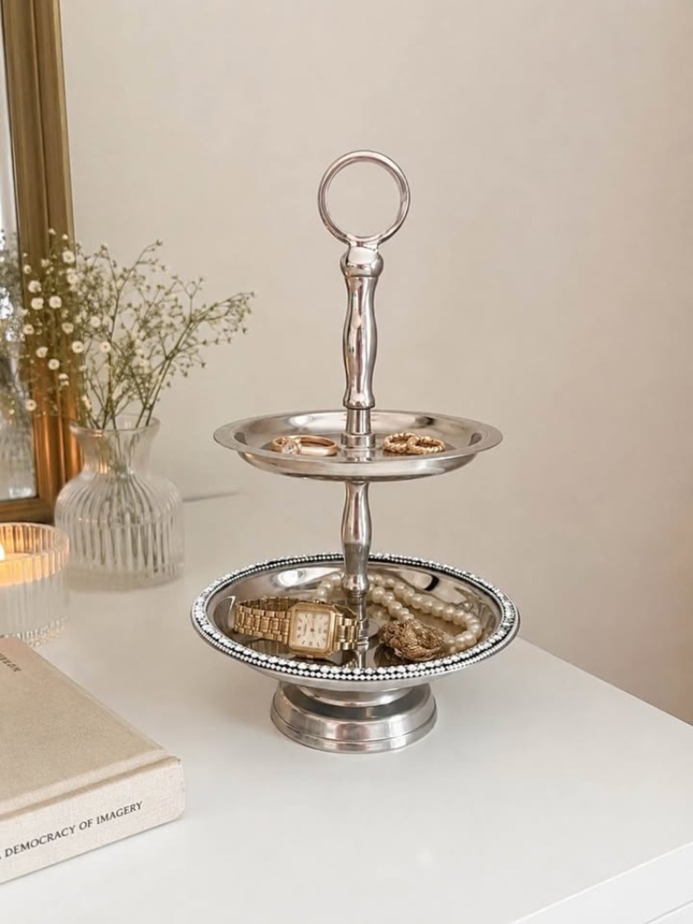Silver Two Tiered Jewelry Display Vanity Tray with Rhinestones Bathroom Storage